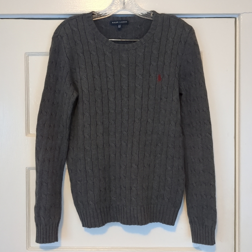 Ralph Lauren Women's Fisherman's Sweater Cable Knit Medium Gray Crew